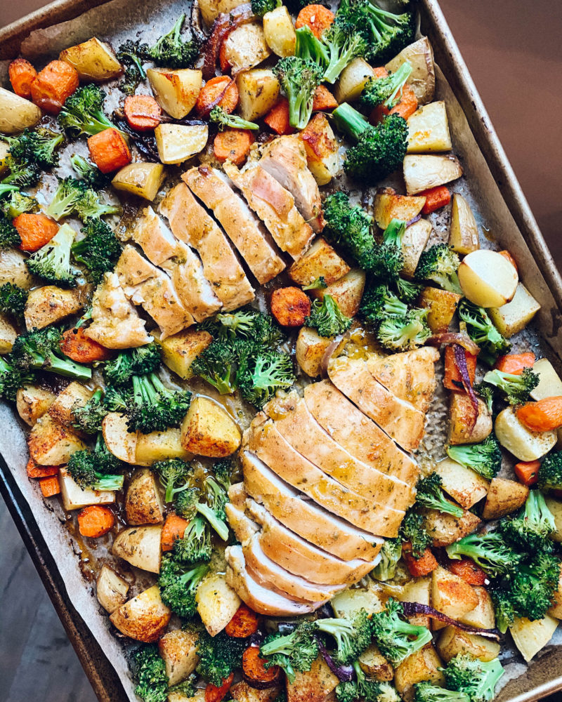 Honey Mustard chicken breast with vegetables and potatoes